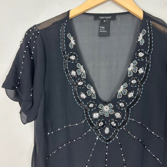 Y2K Karen Kane Black Beaded Embellished Silk Top Sheer Size Medium Women's - Picture 2 of 5